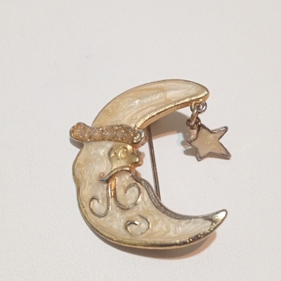 Crescent Moon Brooch With Dangling Star Enameled Vintage Man In The Moon - Picture 2 of 5